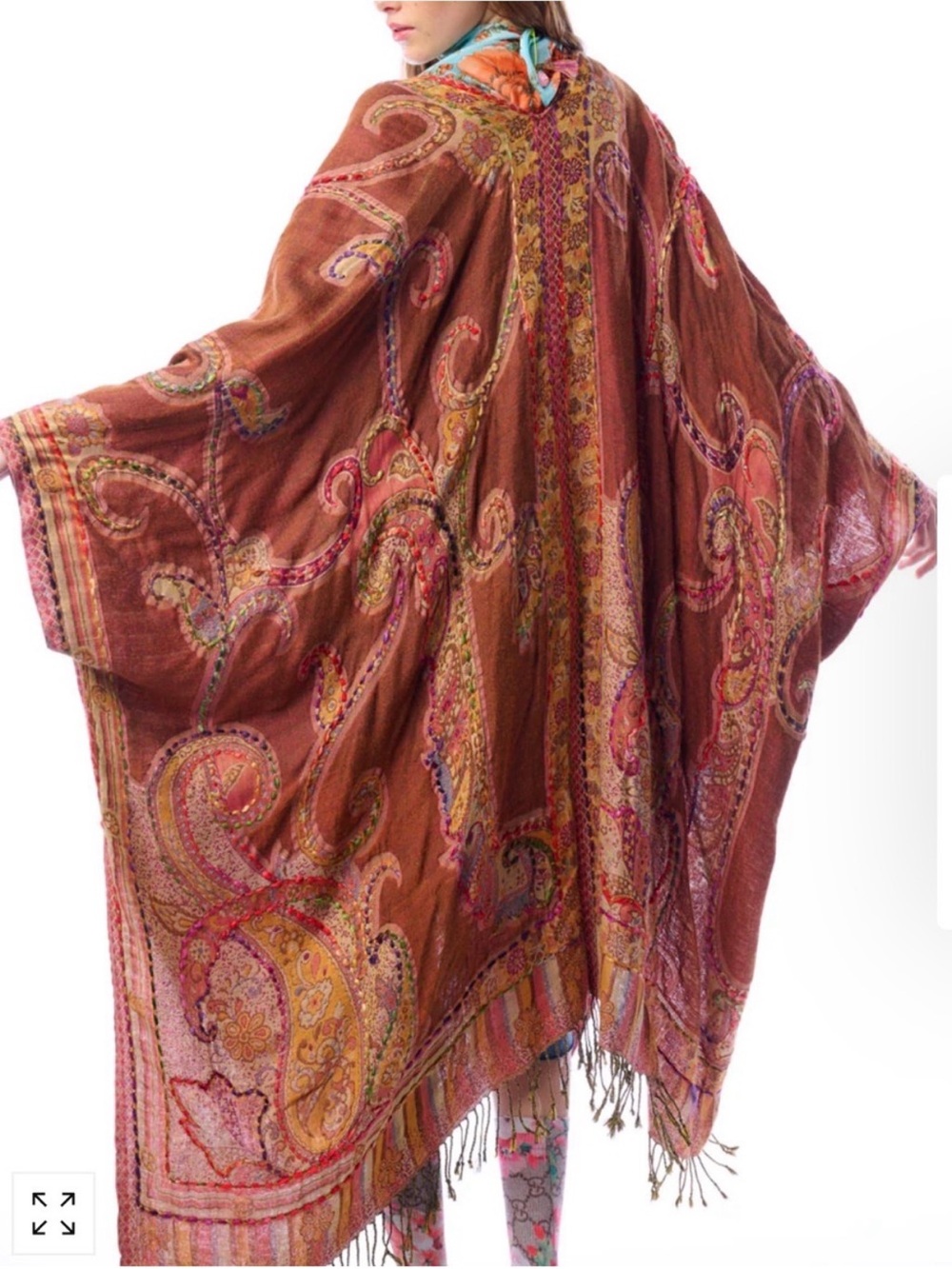 ARATTA Boho Paisley Fringe Kimono poncho in Rust & Pink NWT